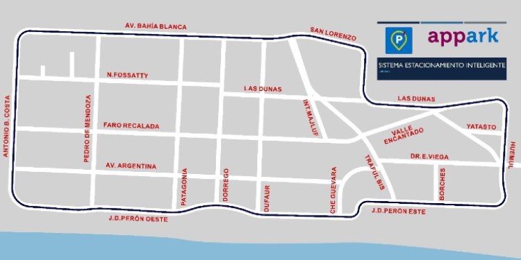 Mapa del estacionamiento medido y pago en Monte Hermoso