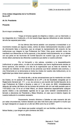 Carta de Marcelo Tinelli 24-12