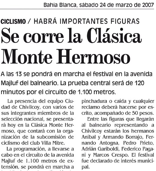 Anuncio de la Clásica Monte Hermoso en La Nueva Provincia