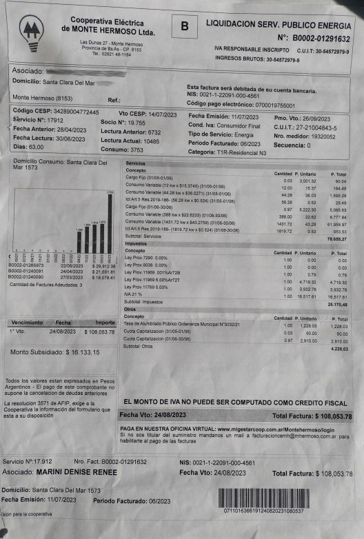 Factura servicio electrico Sauce Grande