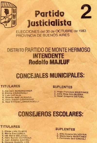Lista del Partido Justicialista para Monte Hermoso para las elecciones de 1983