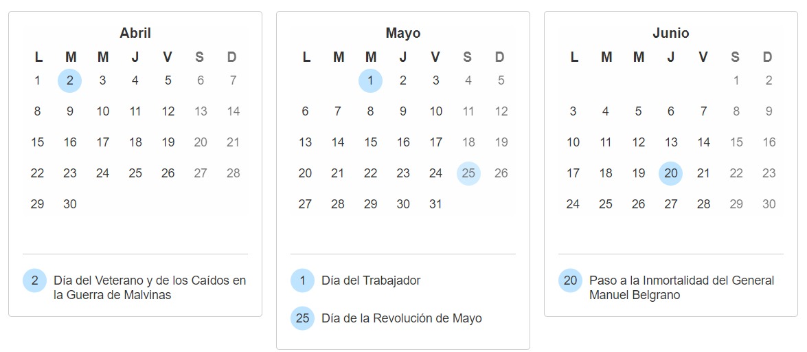 Calendario de abril a junio