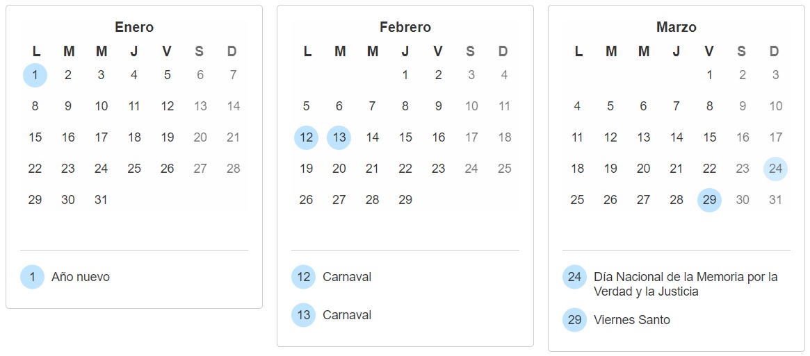 Calendario de enero a marzo