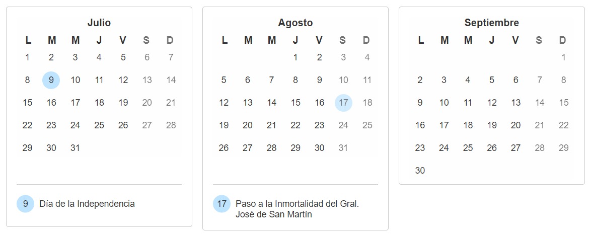 Calendario de julio a septiembre