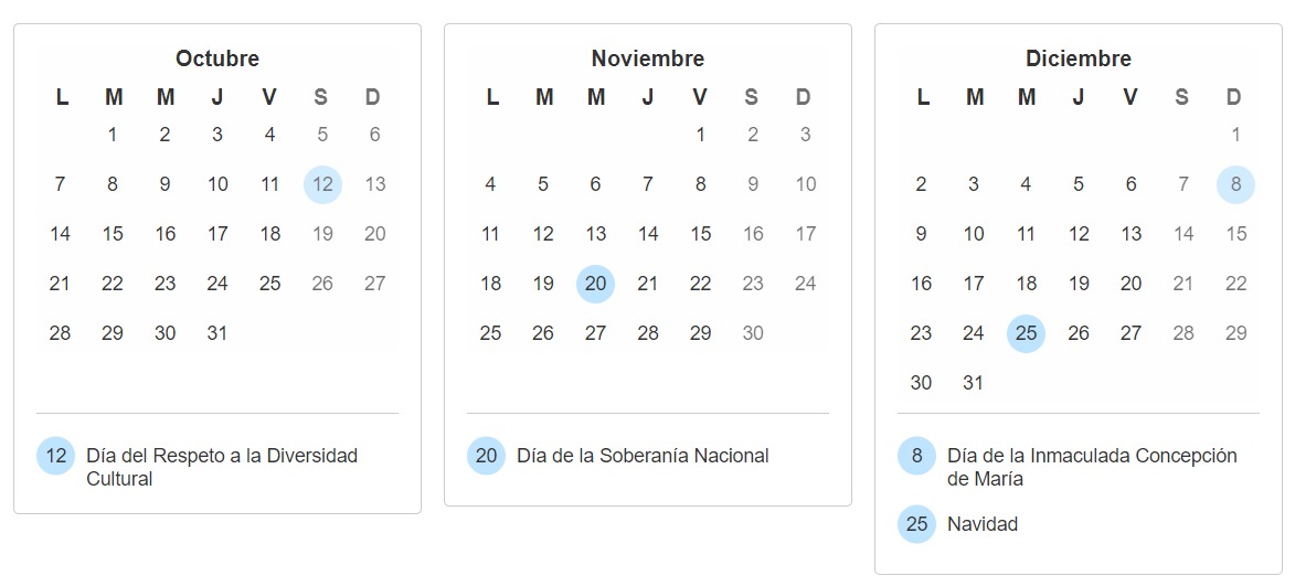 Calendario de octubre a diciembre