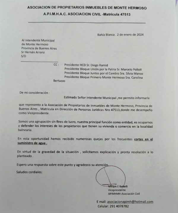 Comunicado de la Asociación de Propietarios de Inmuebles de Monte Hermoso