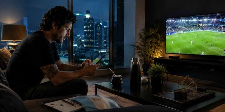 Hombre revisando apuestas en línea mientras ve un partido de fútbol en televisión