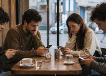 Jóvenes en el bar con celular desconectados entre sí