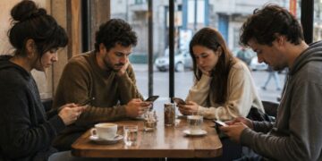 Jóvenes en el bar con celular desconectados entre sí