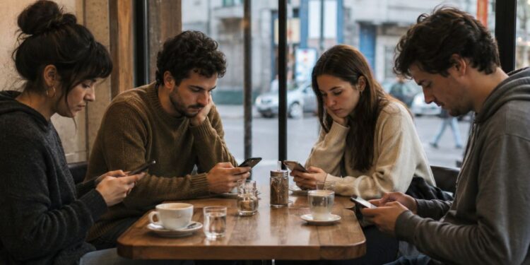 Jóvenes en el bar con celular desconectados entre sí