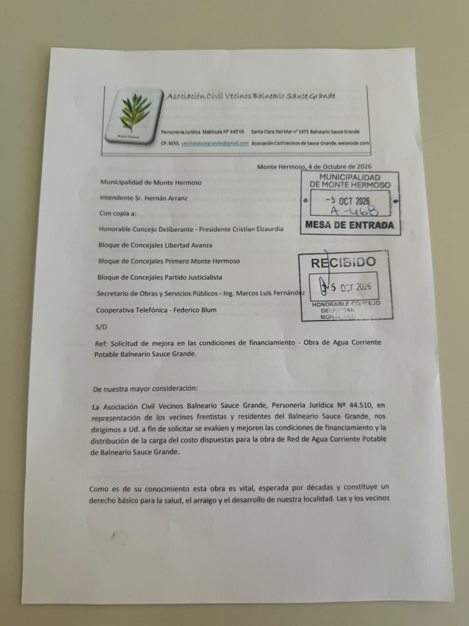 Carta de vecinos de Sauce Grande